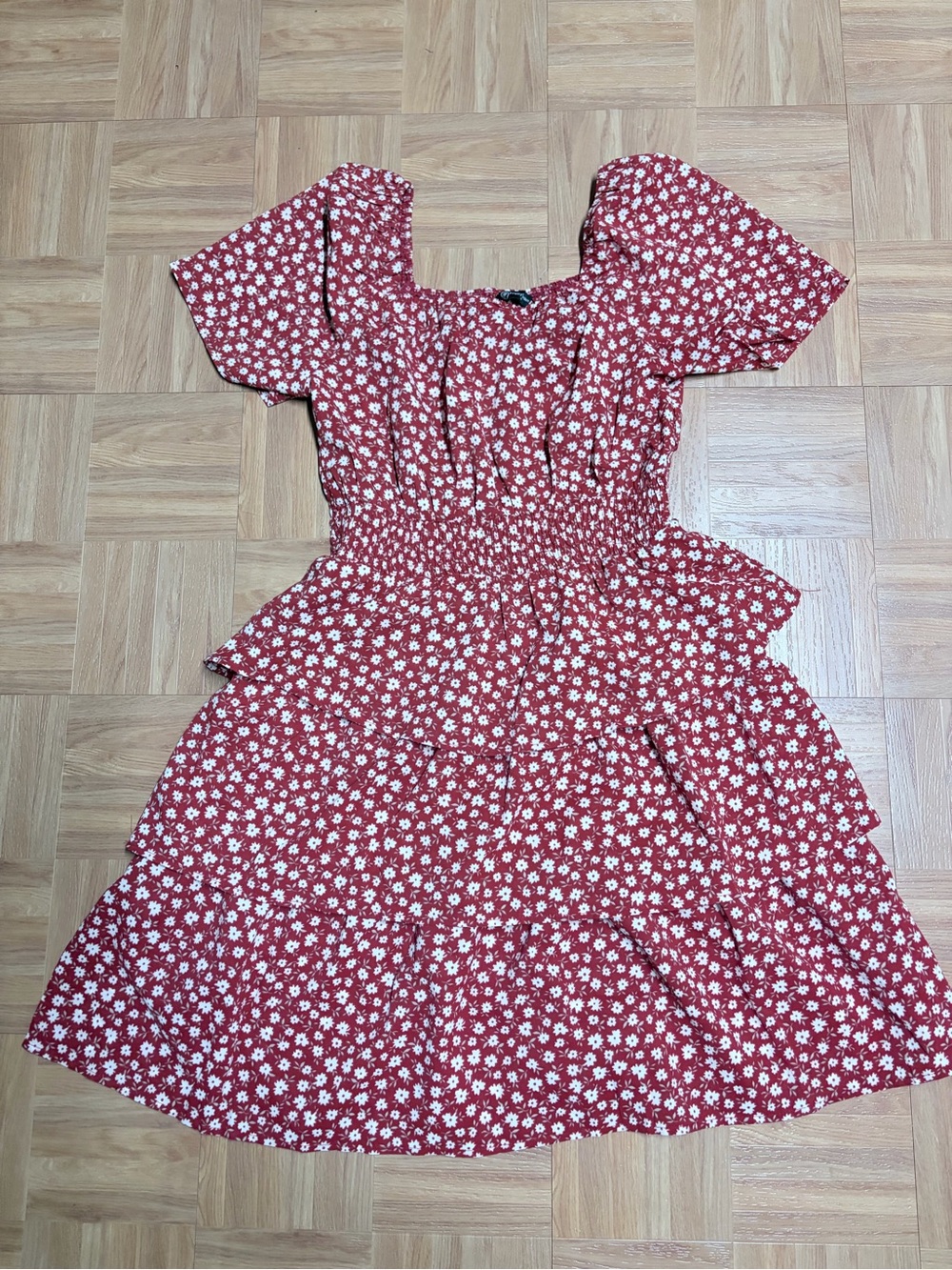 Red Floral Tiered Mini Dress with Smocked Waist